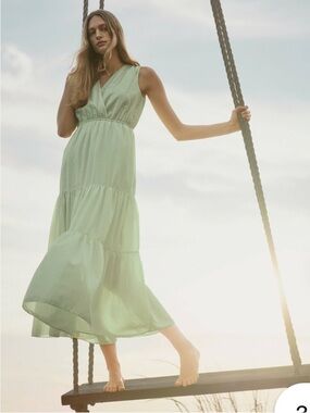 Banana Republic Sleeveless V-Neck Tiered Midi Dress in Pastel Green